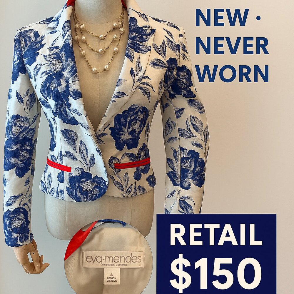 Eva Mendes NY&C Floral Blazer Women’s 4 – White & Navy Blue Rose Print Jacket